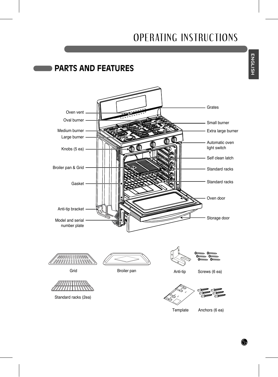 Operating instructions, Parts and features | LG LRG3093SB User Manual | Page 9 / 76