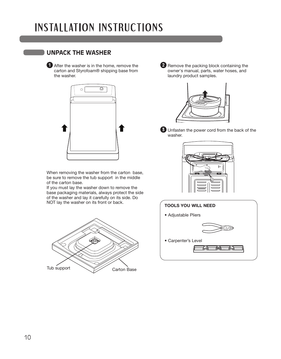 Unpack the washer | LG WT5101HW User Manual | Page 10 / 68