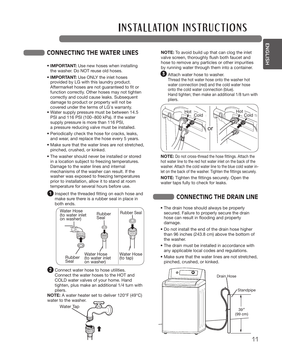 Connecting the water lines, Connecting the drain line | LG WT5101HW User Manual | Page 11 / 68