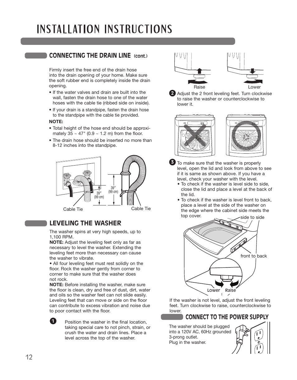 Connect to the power supply, Connecting the drain line, Leveling the washer | LG WT5101HW User Manual | Page 12 / 68
