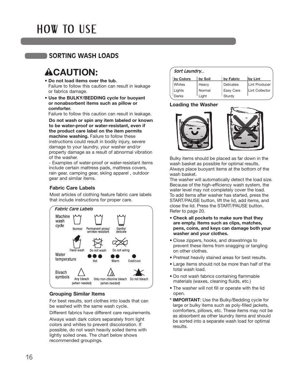 H o w to u s e, Wcaution, Sorting wash loads | LG WT5101HW User Manual | Page 16 / 68