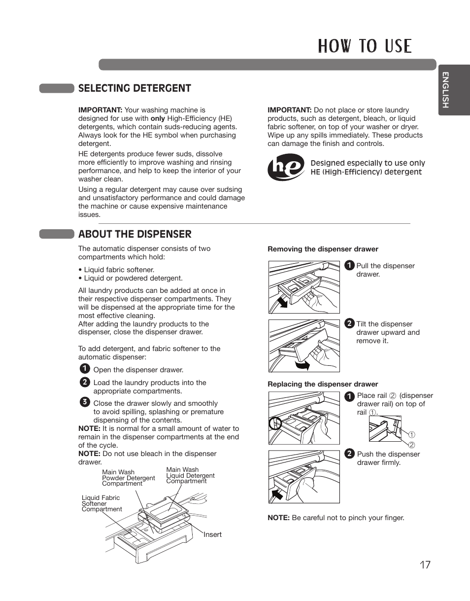 H o w to u s e, Selecting detergent about the dispenser | LG WT5101HW User Manual | Page 17 / 68