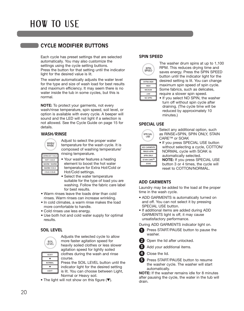 H o w to u s e, Cycle modifier buttons | LG WT5101HW User Manual | Page 20 / 68