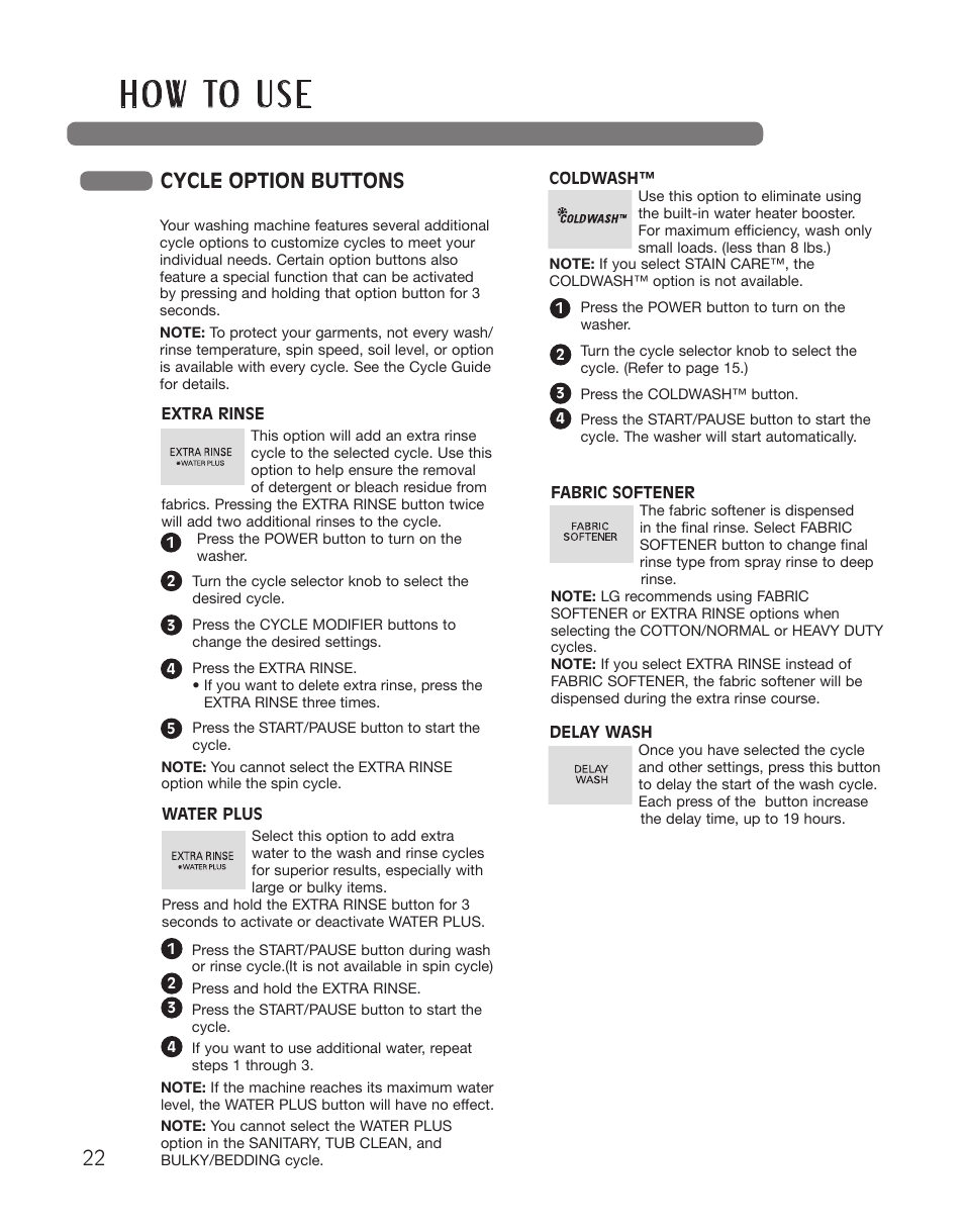 H o w to u s e, Cycle option buttons | LG WT5101HW User Manual | Page 22 / 68