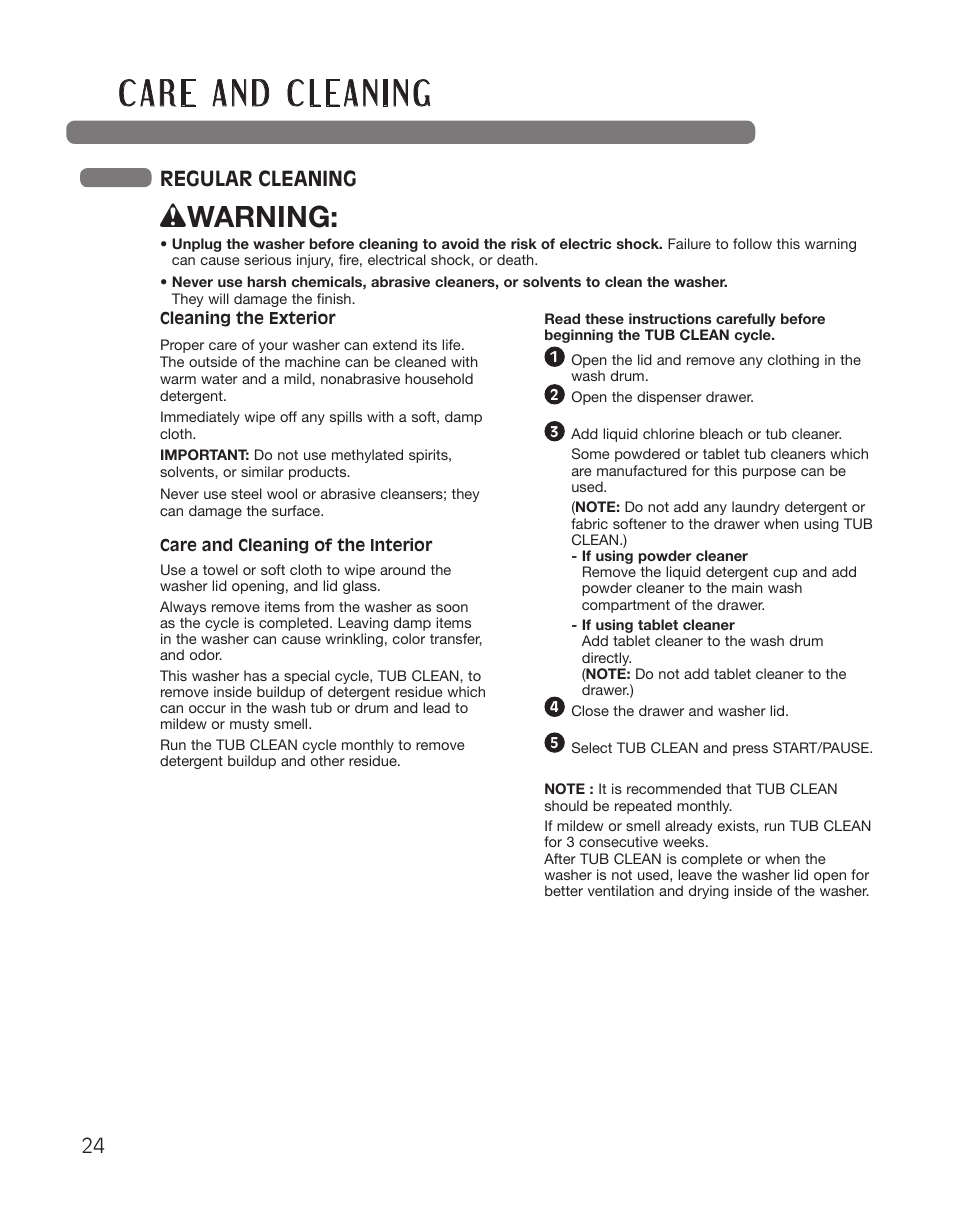 Wwarning, Regular cleaning | LG WT5101HW User Manual | Page 24 / 68