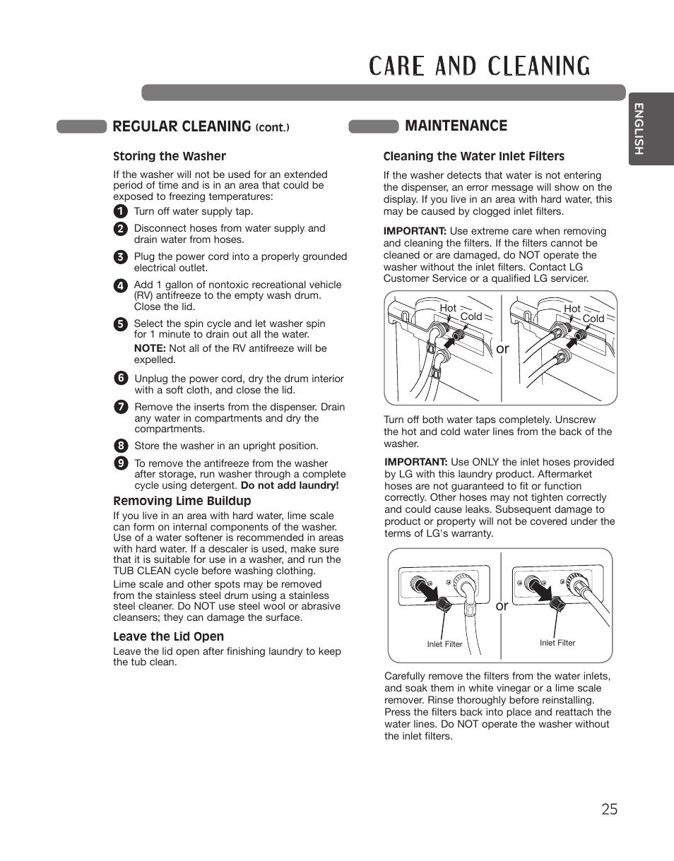 Regular cleaning, Maintenance or | LG WT5101HW User Manual | Page 25 / 68