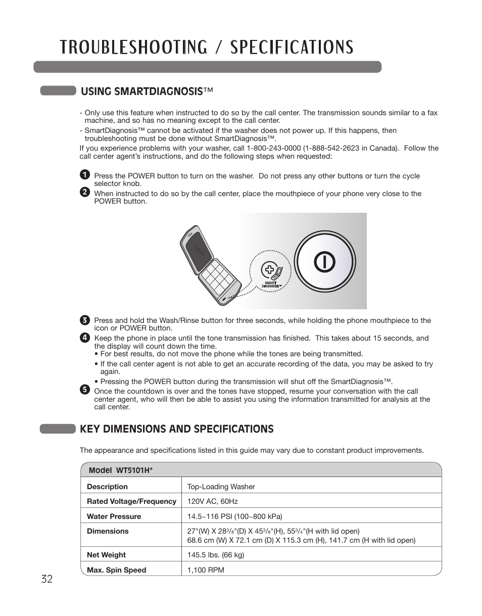 Key dimensions and specifications, Using smartdiagnosis | LG WT5101HW User Manual | Page 32 / 68