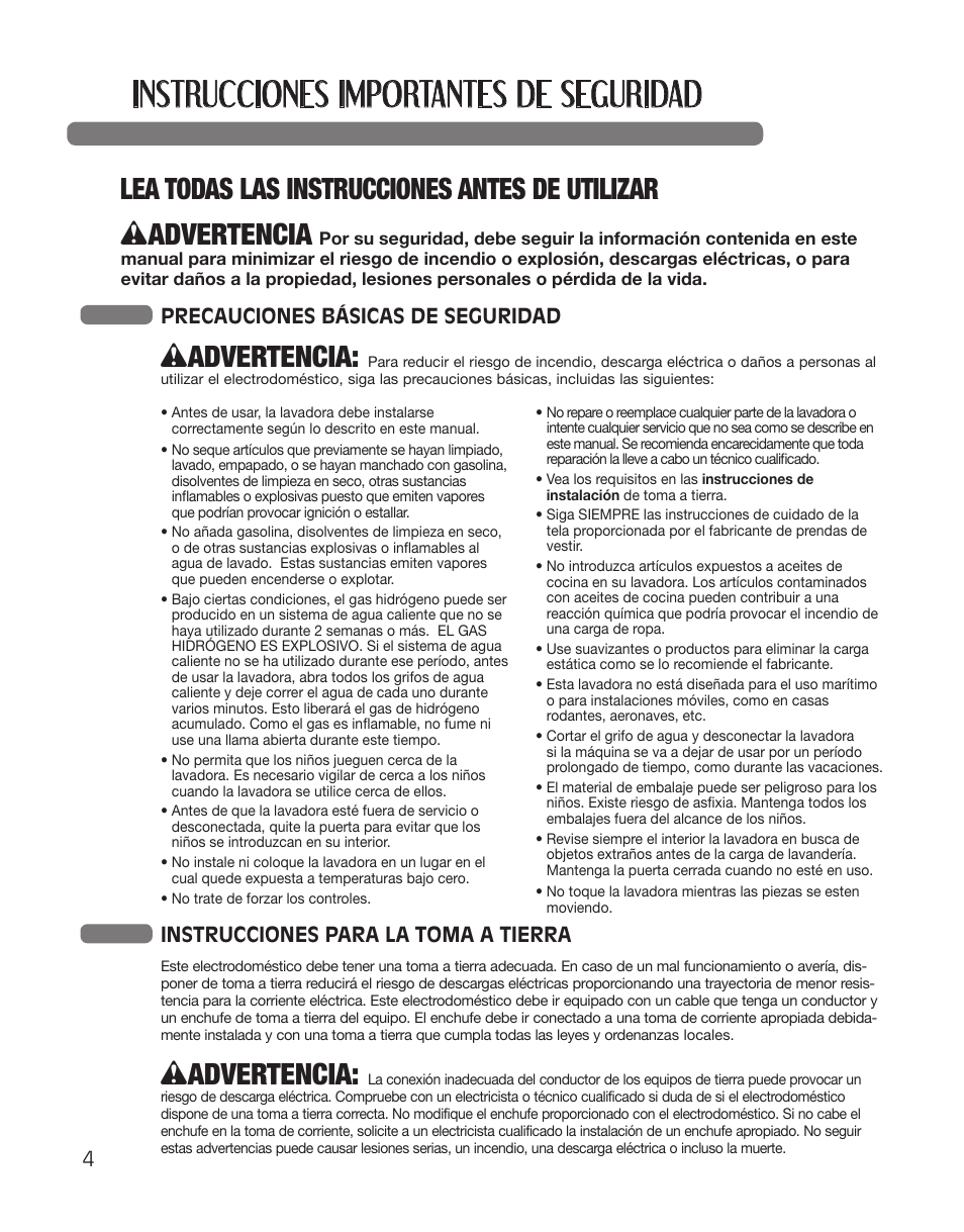 Instrucciones importantes de seguridad, Wadvertencia, Lea todas las instrucciones antes de utilizar | Precauciones básicas de seguridad, Instrucciones para la toma a tierra | LG WT5101HW User Manual | Page 38 / 68