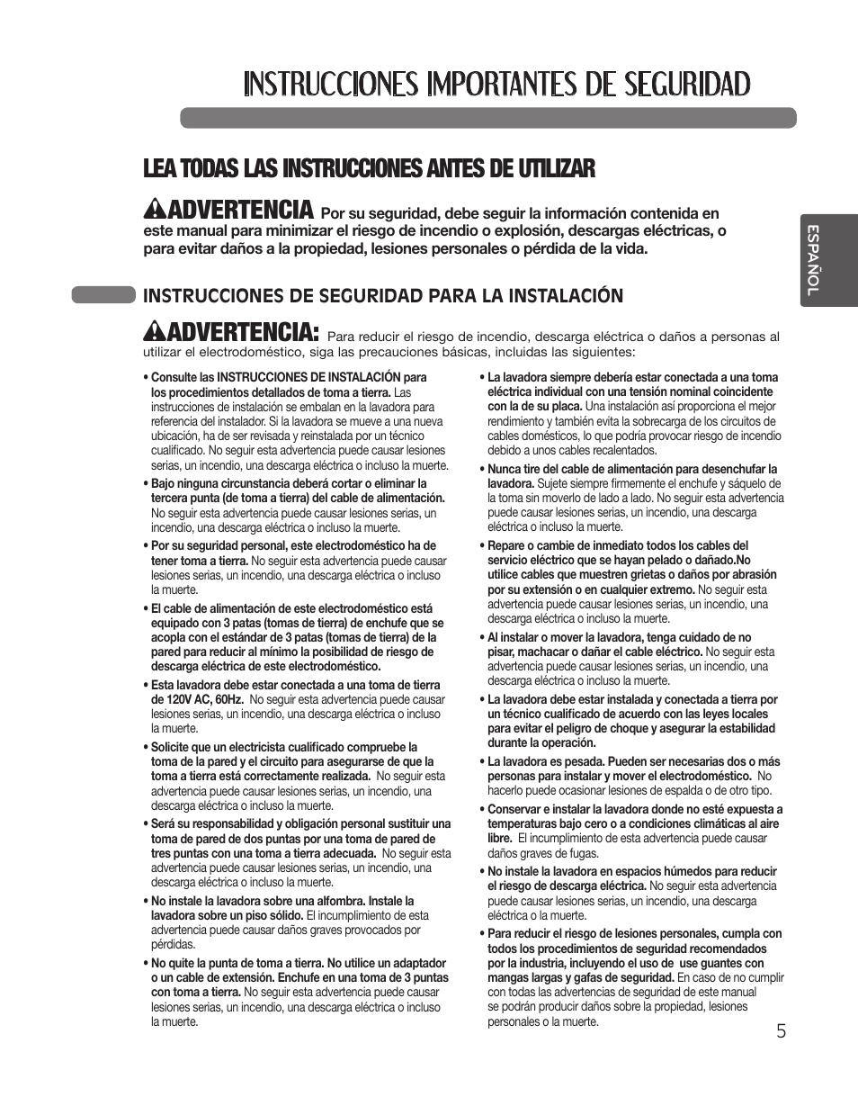 Instrucciones importantes de seguridad, Wadvertencia, Lea todas las instrucciones antes de utilizar | Instrucciones de seguridad para la instalación | LG WT5101HW User Manual | Page 39 / 68