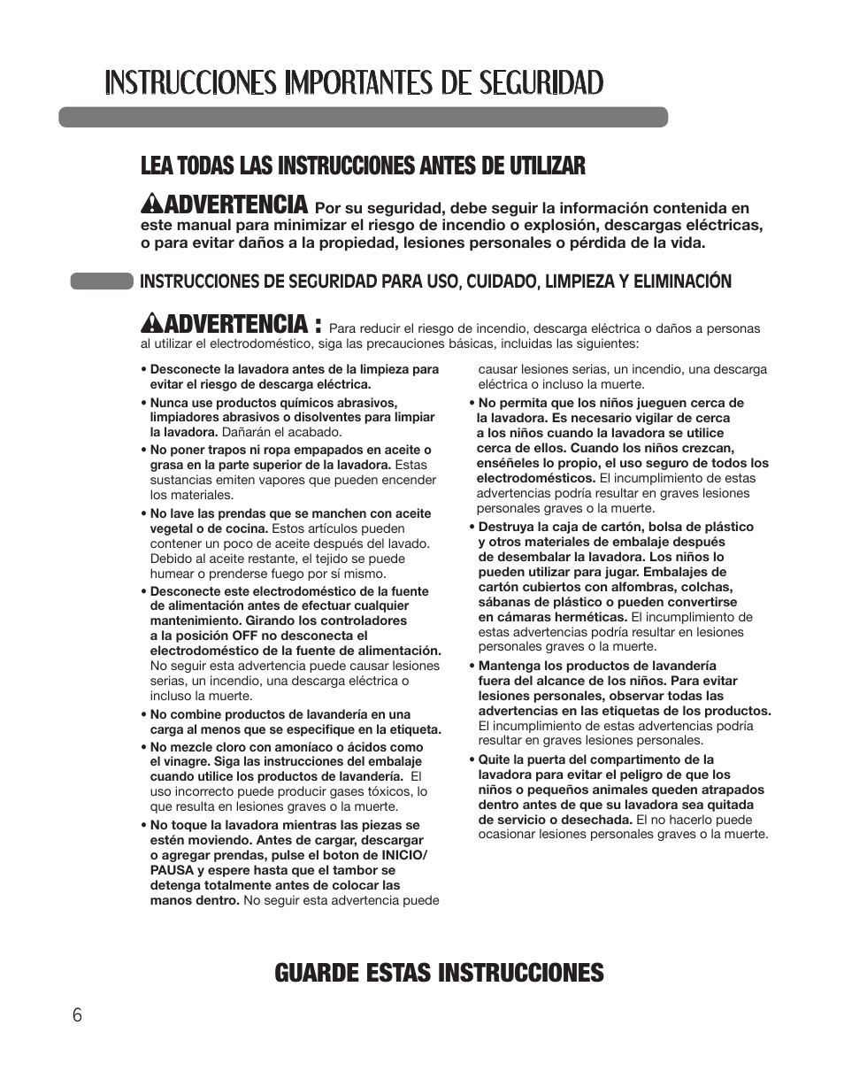 Instrucciones importantes de seguridad, Wadvertencia | LG WT5101HW User Manual | Page 40 / 68