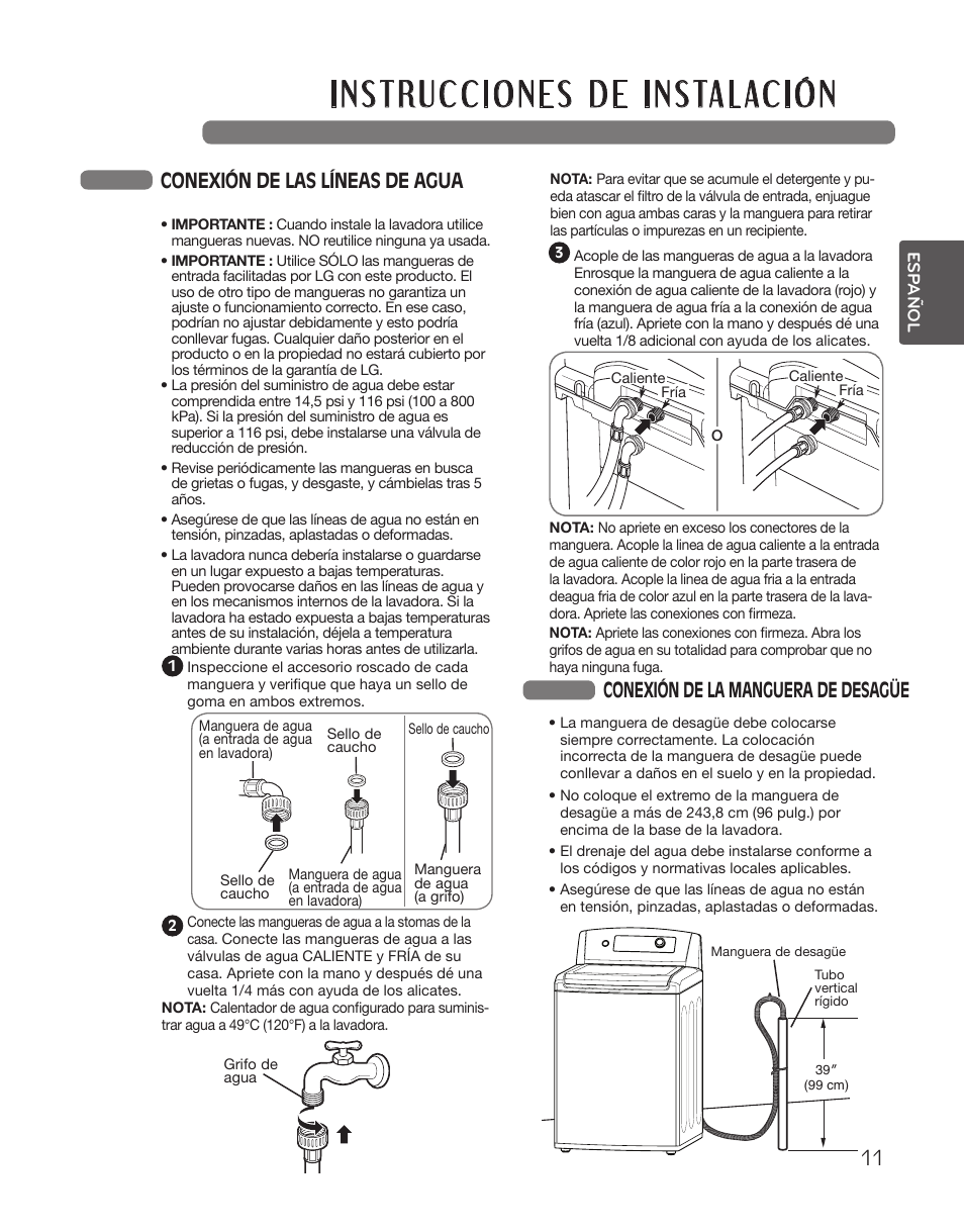 Conexión de las líneas de agua, Conexión de la manguera de desagüe | LG WT5101HW User Manual | Page 45 / 68