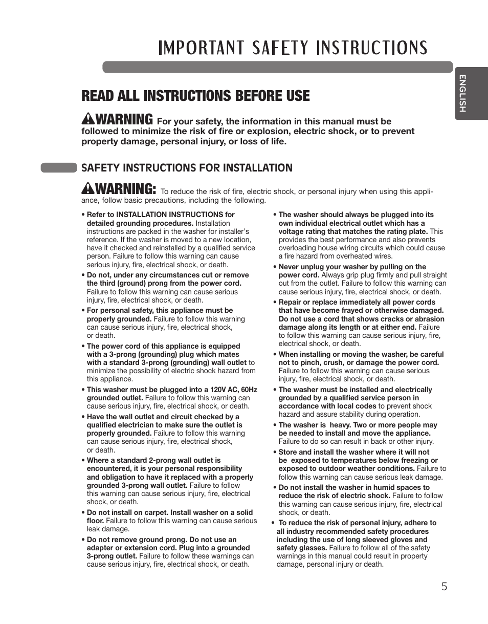 Wwarning, Read all instructions before use, Safety instructions for installation | LG WT5101HW User Manual | Page 5 / 68