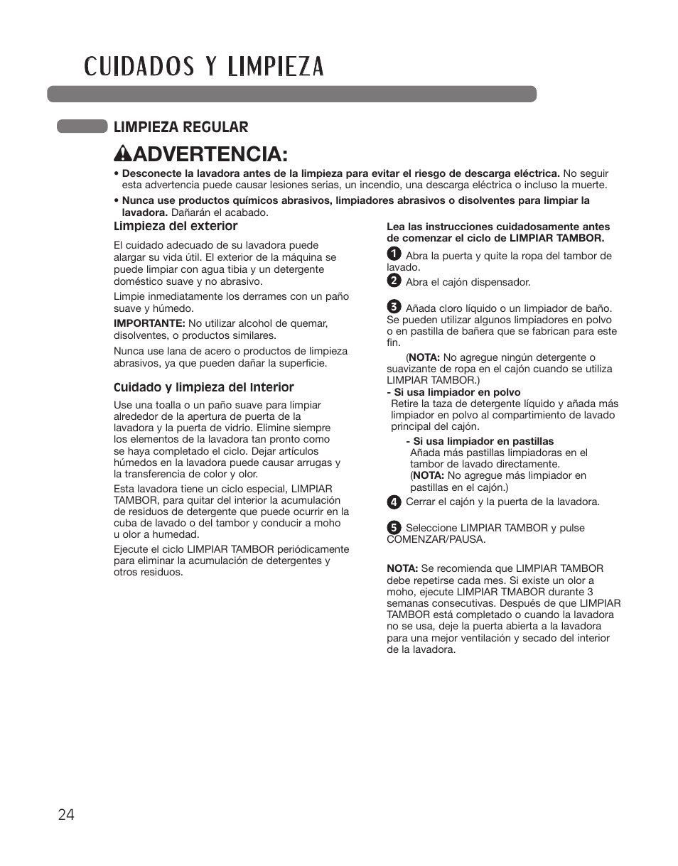 Wadvertencia, Limpieza regular | LG WT5101HW User Manual | Page 58 / 68