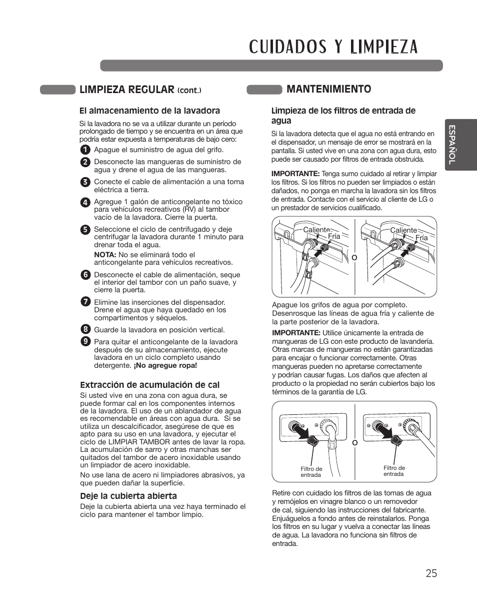 Limpieza regular, Mantenimiento o | LG WT5101HW User Manual | Page 59 / 68
