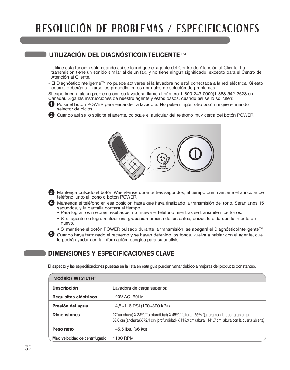 Dimensiones y especificaciones clave, Utilización del diagnósticointeligente | LG WT5101HW User Manual | Page 66 / 68