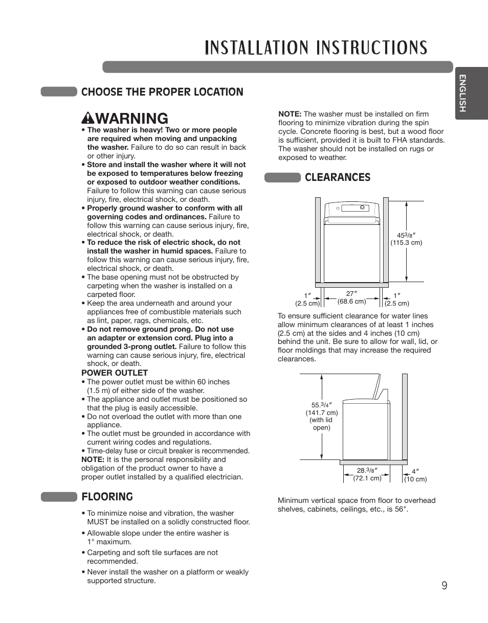 Wwarning, Choose the proper location, Flooring | Clearances | LG WT5101HW User Manual | Page 9 / 68