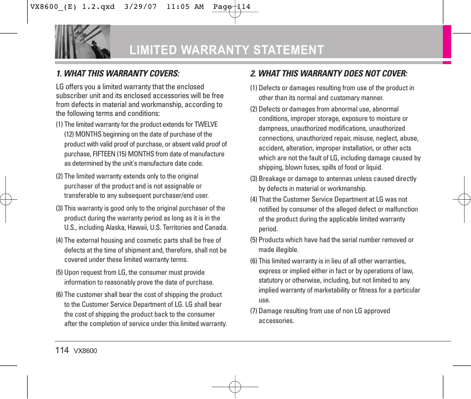 Limited warranty statement | LG VX8600 User Manual | Page 114 / 119