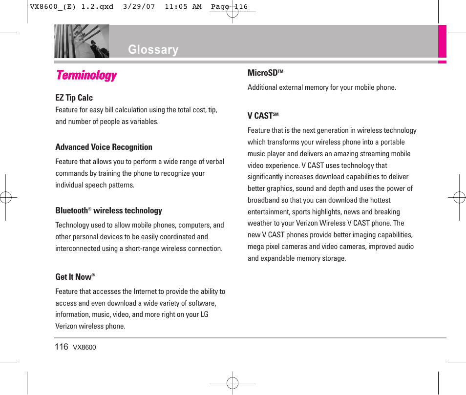 Tte errm miin no ollo og gyy, Glossary | LG VX8600 User Manual | Page 116 / 119