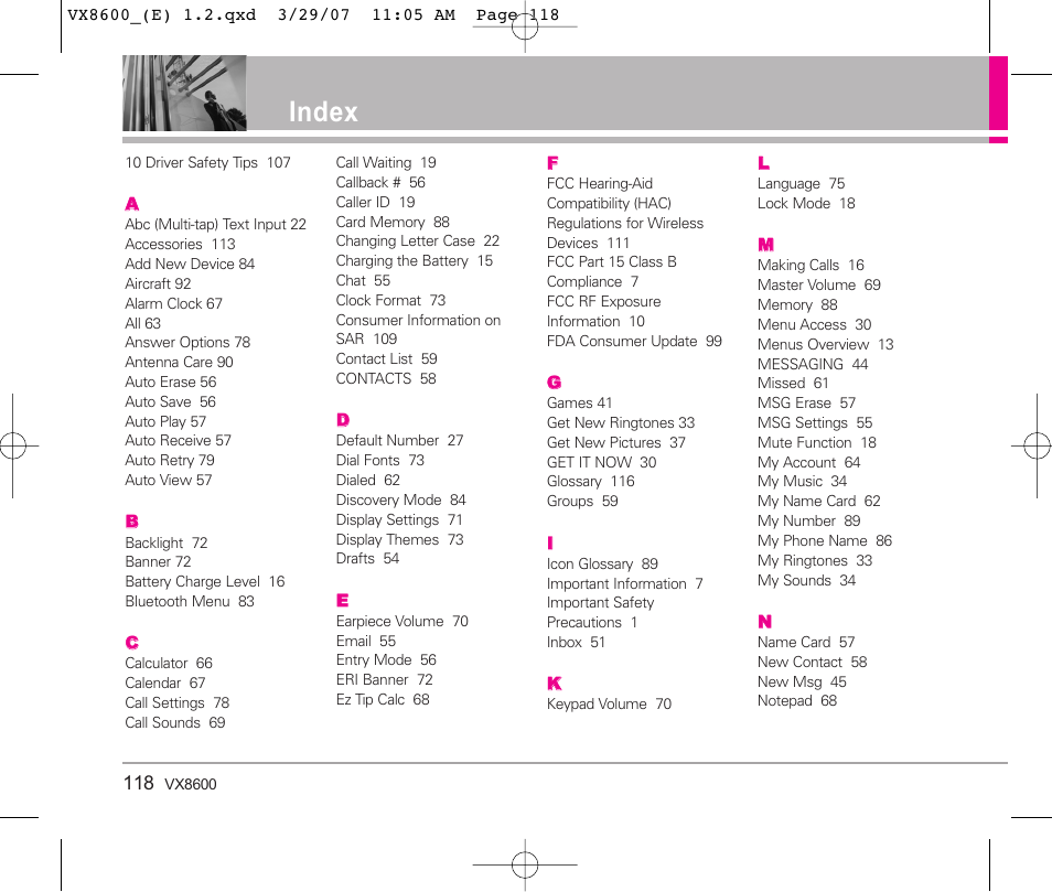 Index | LG VX8600 User Manual | Page 118 / 119