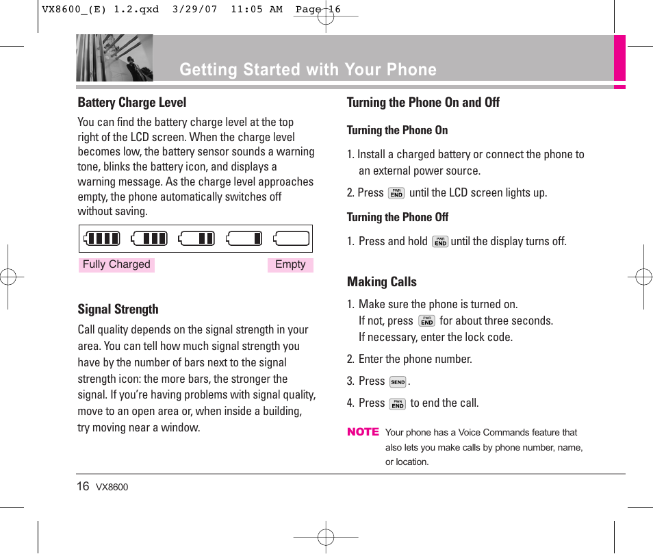 Getting started with your phone | LG VX8600 User Manual | Page 16 / 119