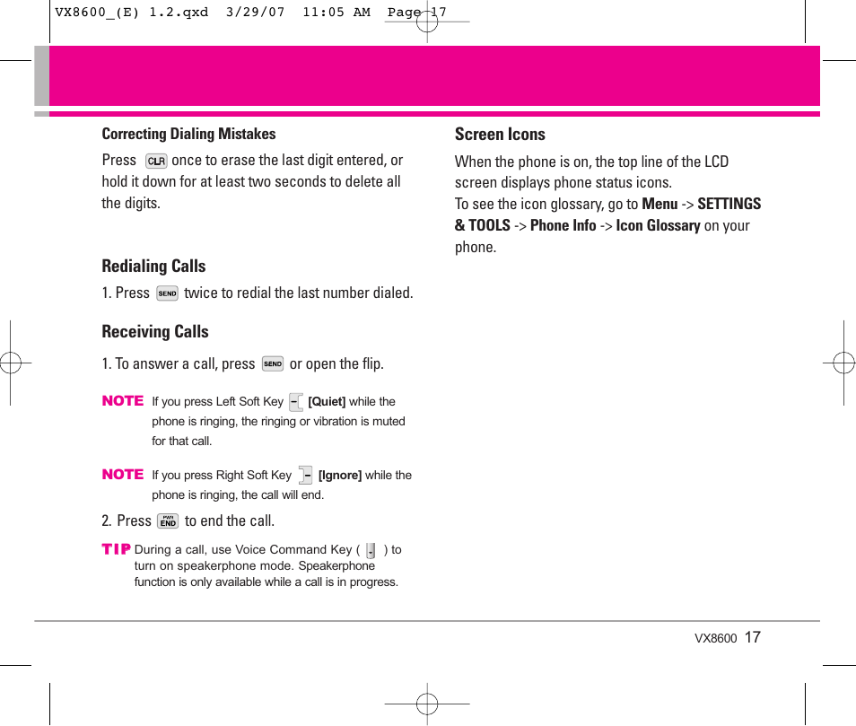 Redialing calls, Receiving calls, Screen icons | LG VX8600 User Manual | Page 17 / 119