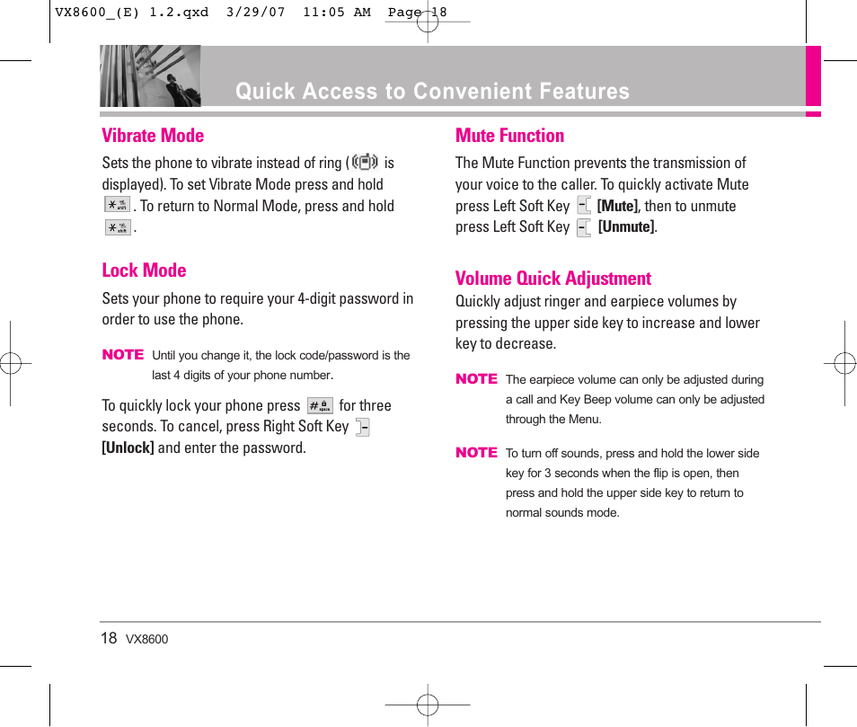 Quick access to convenient features, Vibrate mode, Lock mode | Mute function, Volume quick adjustment | LG VX8600 User Manual | Page 18 / 119