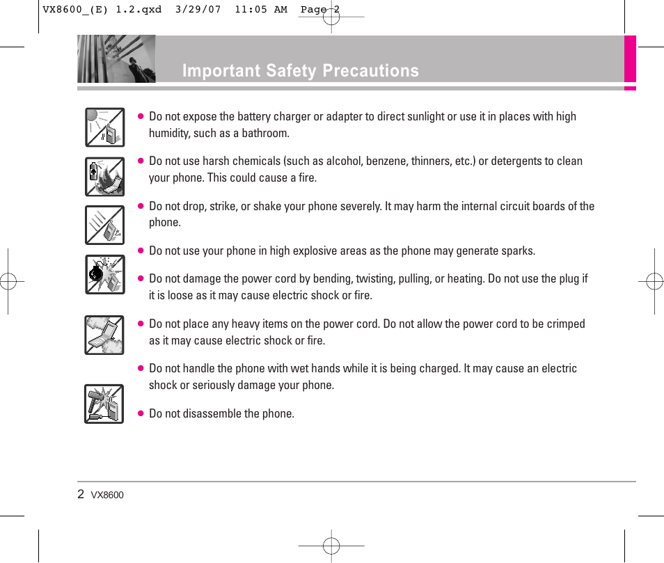 Important safety precautions | LG VX8600 User Manual | Page 2 / 119