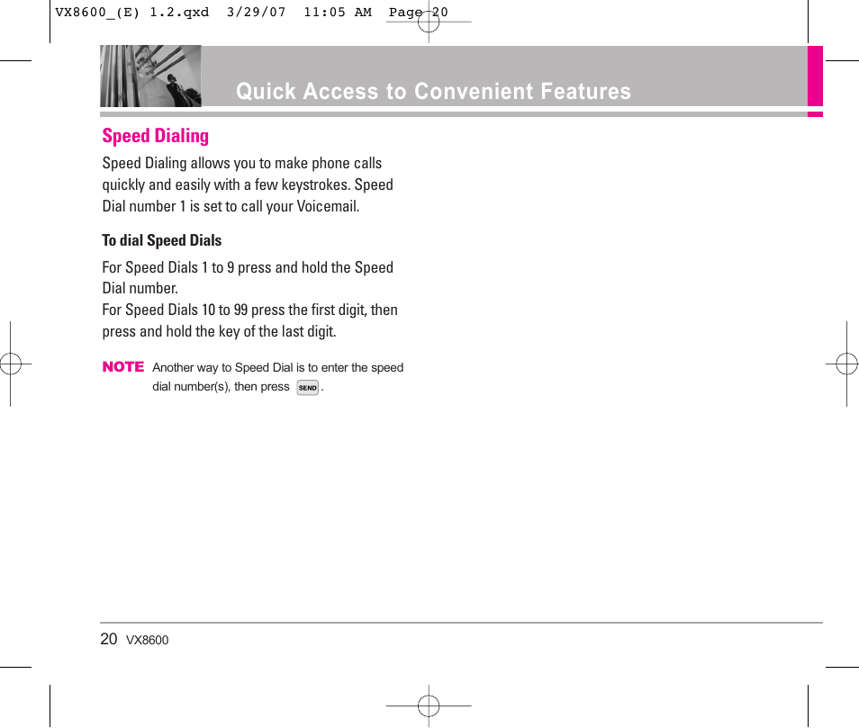 Quick access to convenient features, Speed dialing | LG VX8600 User Manual | Page 20 / 119