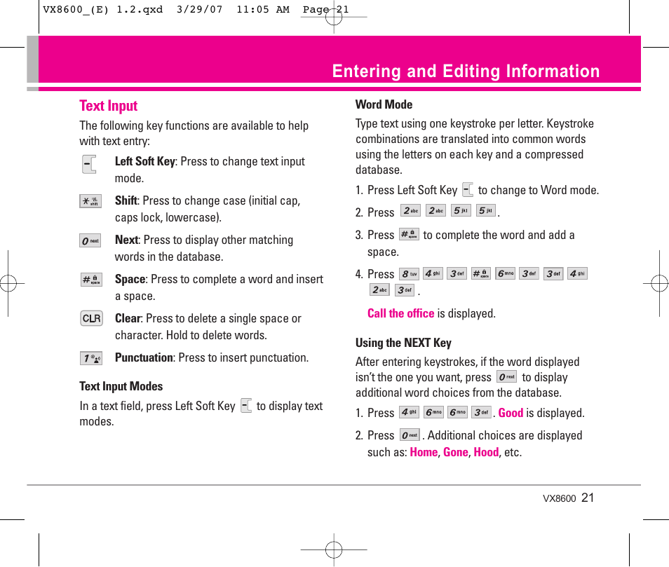 Entering and editing information, Text input | LG VX8600 User Manual | Page 21 / 119