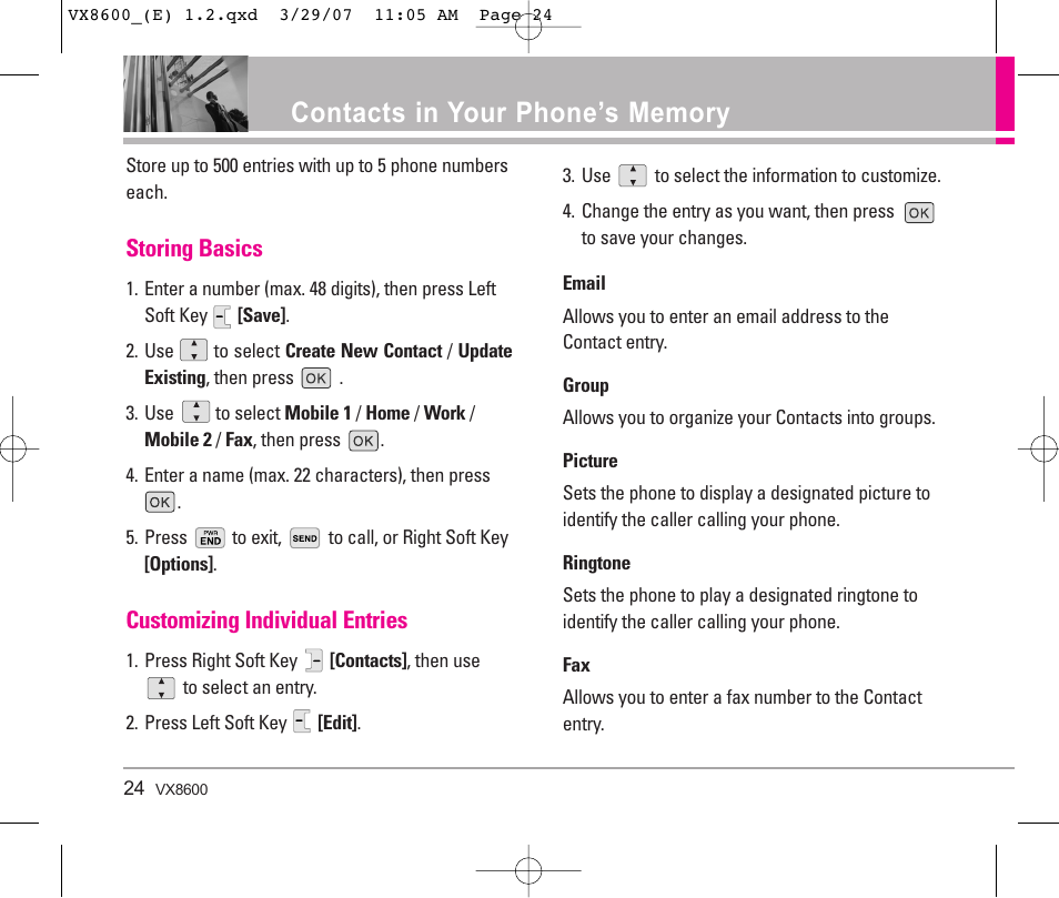 Storing basics, Customizing individual entries | LG VX8600 User Manual | Page 24 / 119