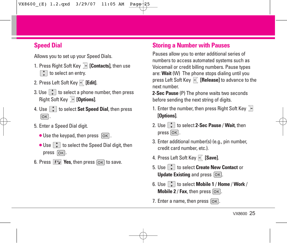 Speed dial, Storing a number with pauses | LG VX8600 User Manual | Page 25 / 119