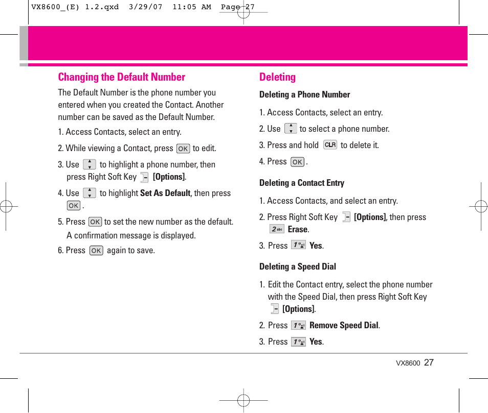 Changing the default number, Deleting | LG VX8600 User Manual | Page 27 / 119