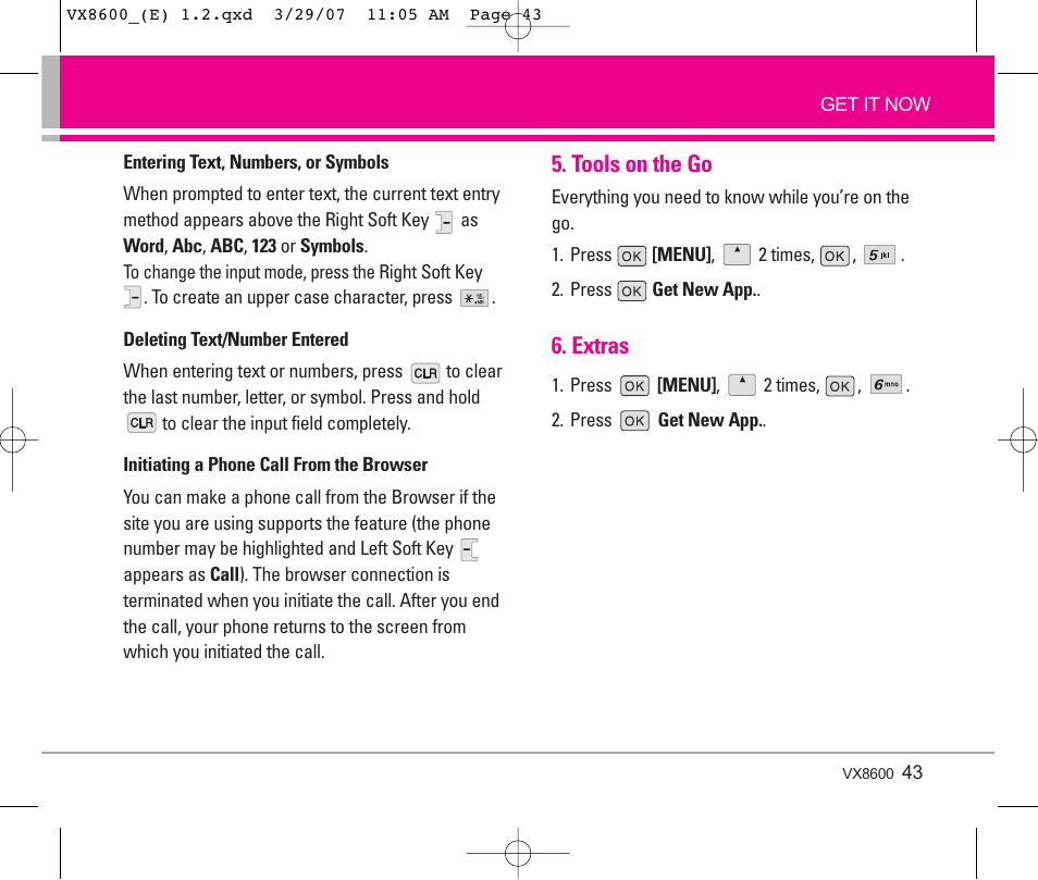 Tools on the go, Extras | LG VX8600 User Manual | Page 43 / 119