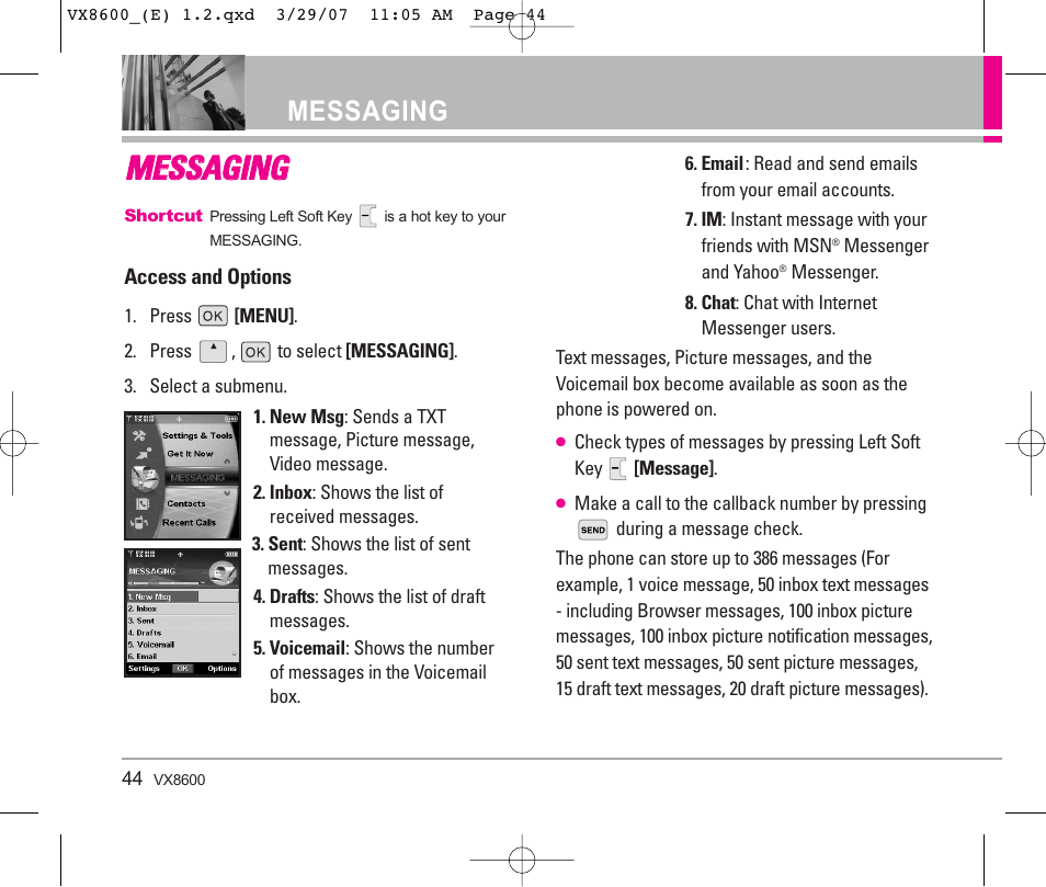 Mme es ss sa ag giin ng g, Messaging | LG VX8600 User Manual | Page 44 / 119