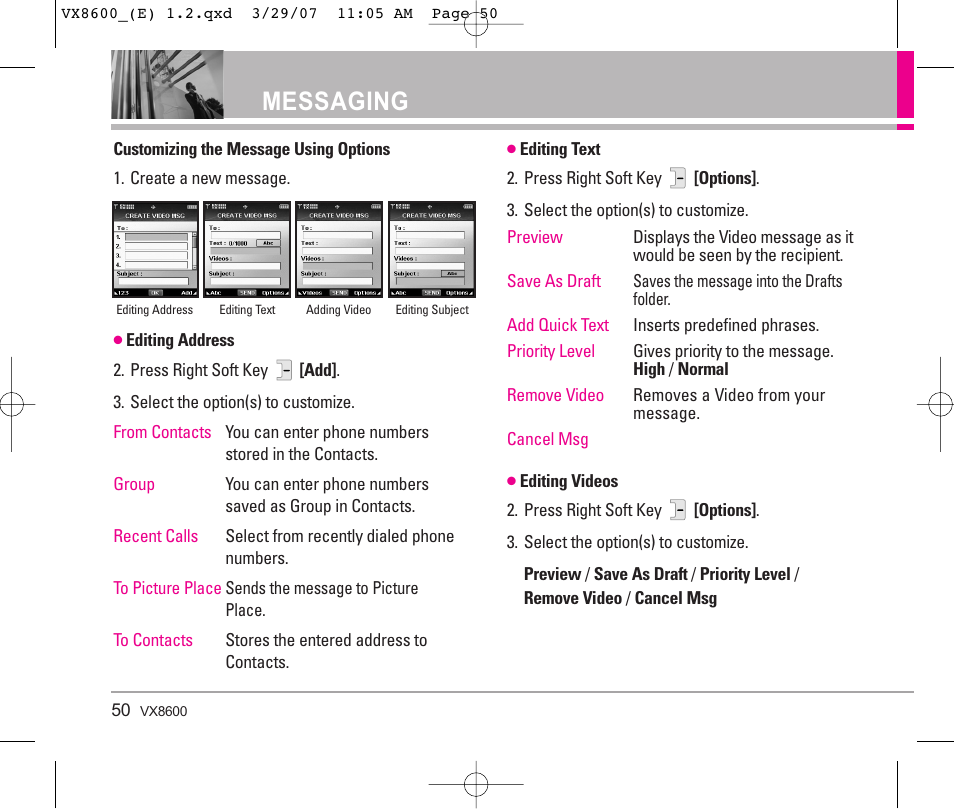 Messaging | LG VX8600 User Manual | Page 50 / 119