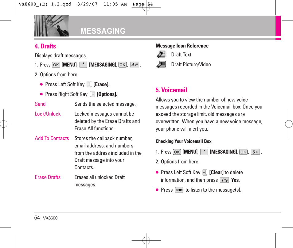 Messaging, Drafts, Voicemail | LG VX8600 User Manual | Page 54 / 119