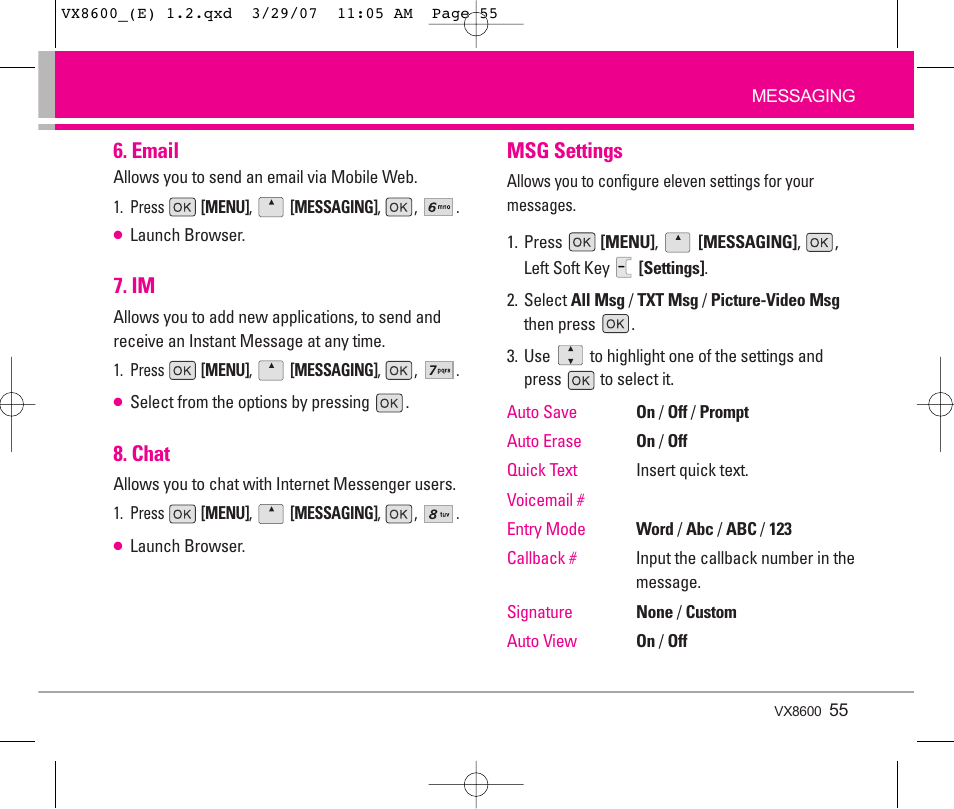 Email, Chat, Msg settings | LG VX8600 User Manual | Page 55 / 119