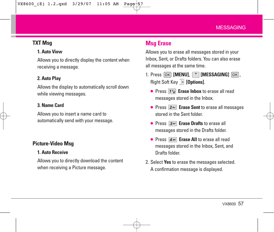 Msg erase | LG VX8600 User Manual | Page 57 / 119