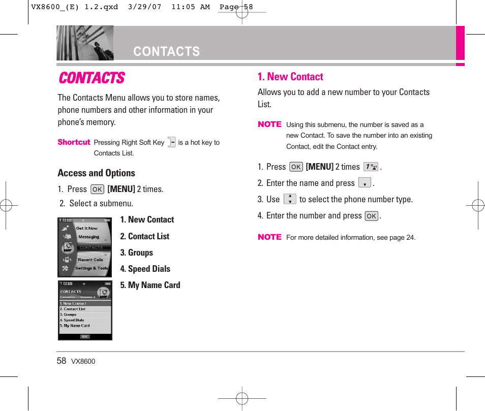 Cco on nt ta ac ct ts s, Contacts | LG VX8600 User Manual | Page 58 / 119