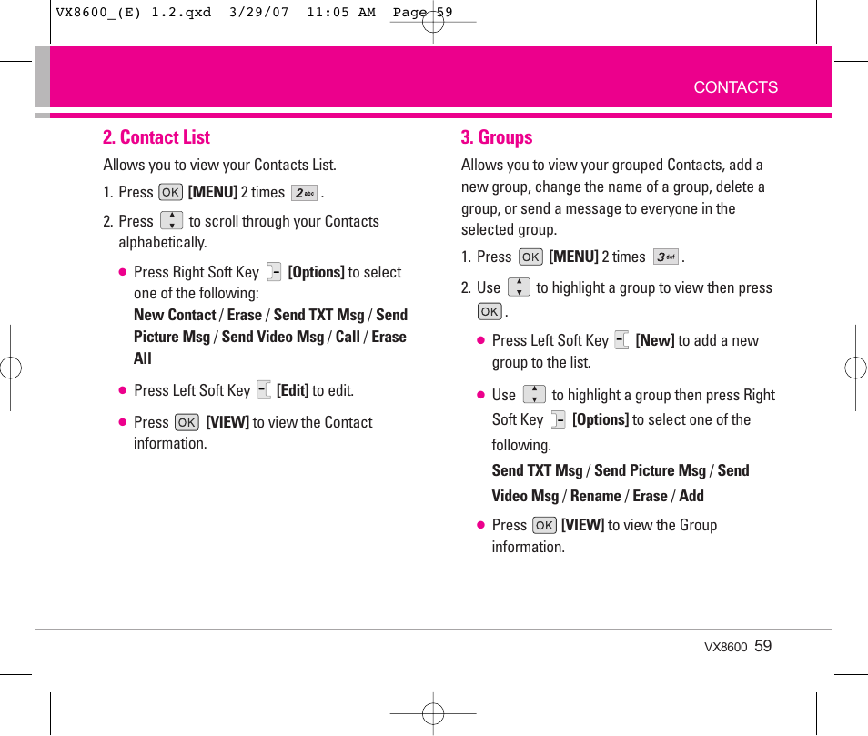 Contact list, Groups | LG VX8600 User Manual | Page 59 / 119