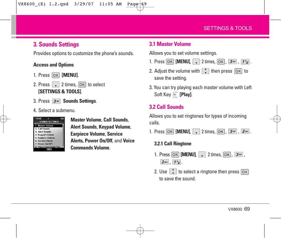 Sounds settings | LG VX8600 User Manual | Page 69 / 119