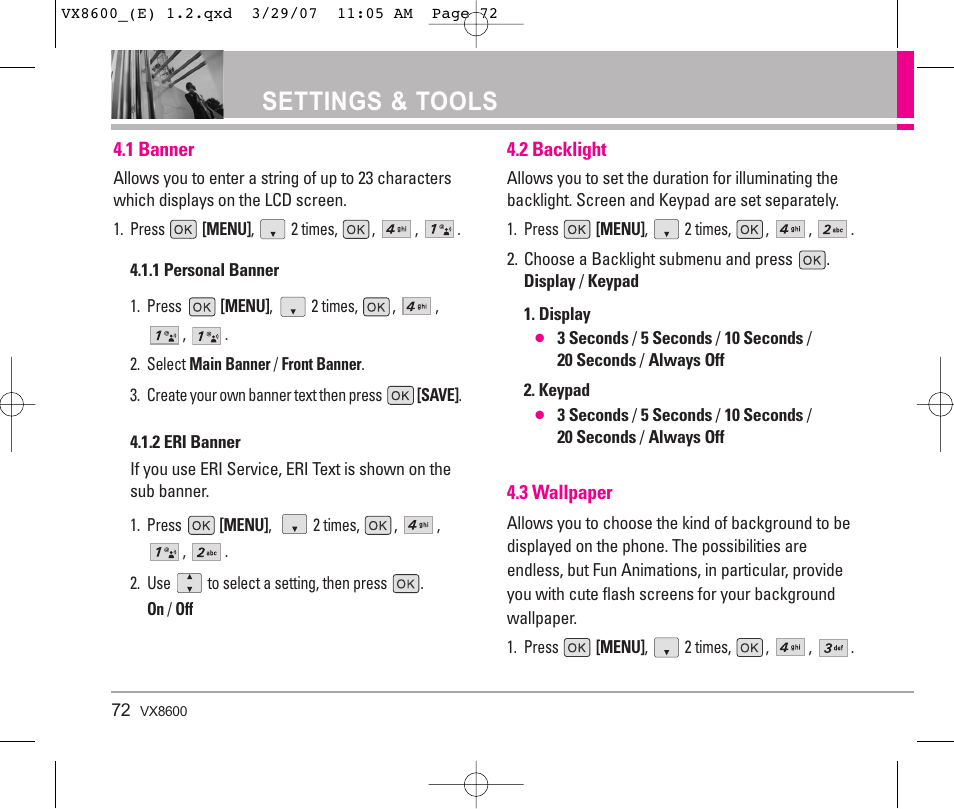 Settings & tools | LG VX8600 User Manual | Page 72 / 119