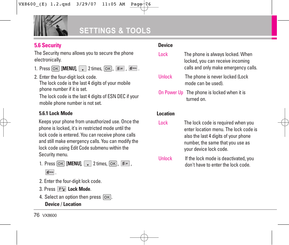 Settings & tools | LG VX8600 User Manual | Page 76 / 119