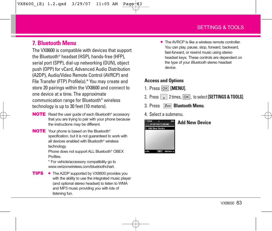 Bluetooth menu | LG VX8600 User Manual | Page 83 / 119