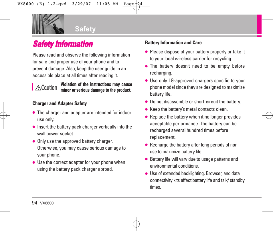 Ssa affe ettyy iin nffo orrm ma attiio on n, Safety, Caution | LG VX8600 User Manual | Page 94 / 119