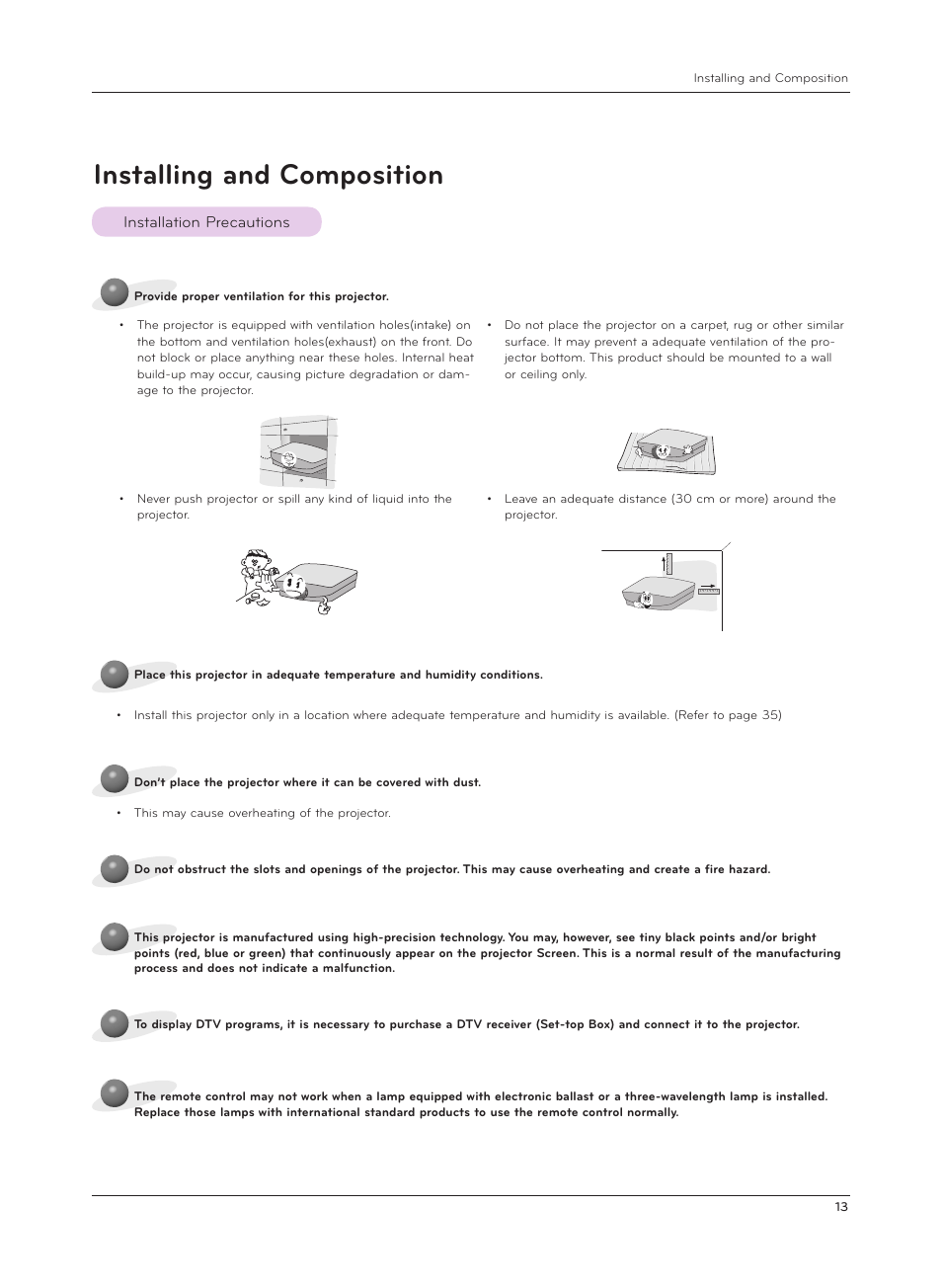 Installing and composition, Installation precautions | LG AF115 User Manual | Page 13 / 36