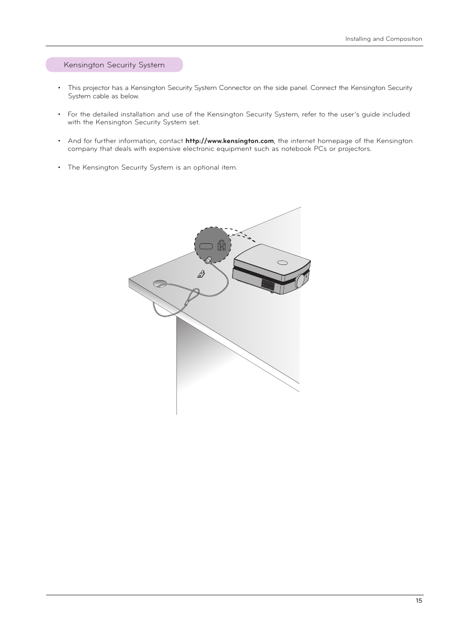 Kensington security system | LG AF115 User Manual | Page 15 / 36
