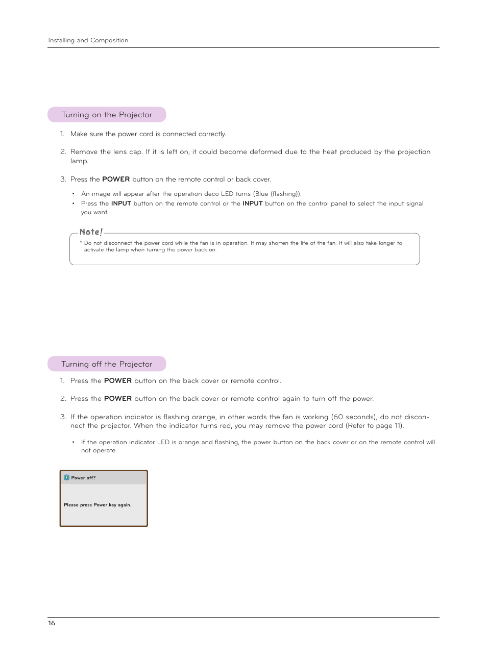 Turning on the projector, Turning off the projector | LG AF115 User Manual | Page 16 / 36