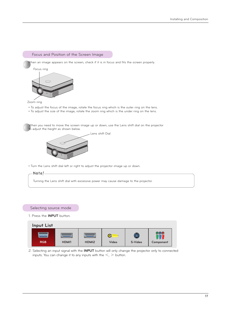 Focus and position of the screen image, Selecting source mode, Input list | LG AF115 User Manual | Page 17 / 36