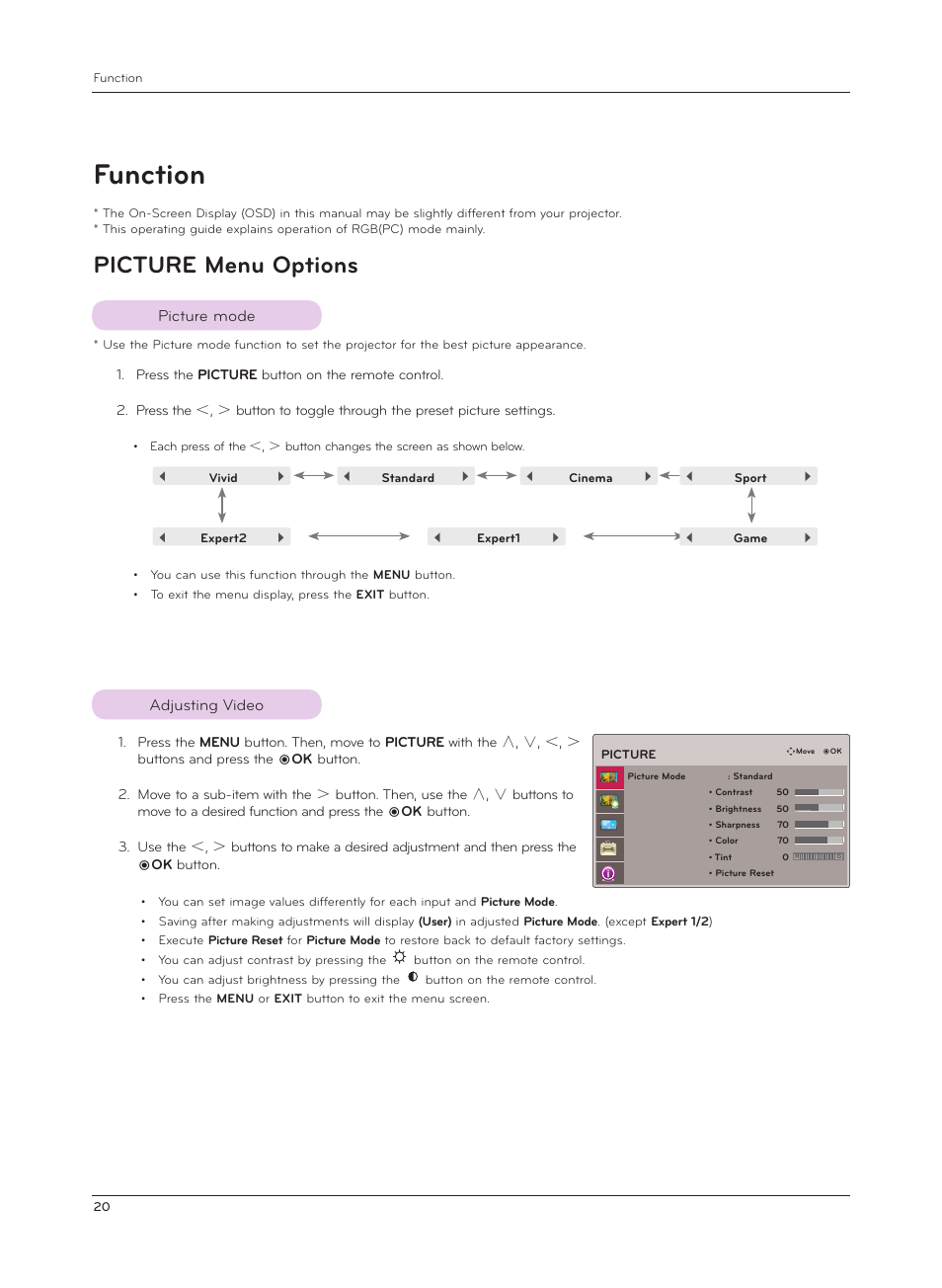 Function, Picture menu options, Picture mode | Adjusting video, Picture mode adjusting video | LG AF115 User Manual | Page 20 / 36